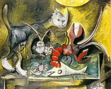 抽象的かつ装飾的 Painting - 猫とロブスターのある静物 1962 キュビスム